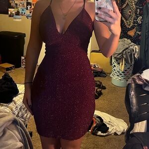 Maroon red, homecoming, sparkly, thigh length, dress